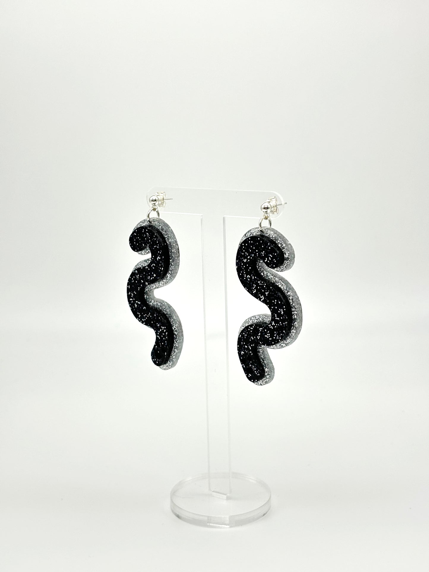 Layered Silver & Black Glitter Acrylic Worm Ball Stud Earrings image 2