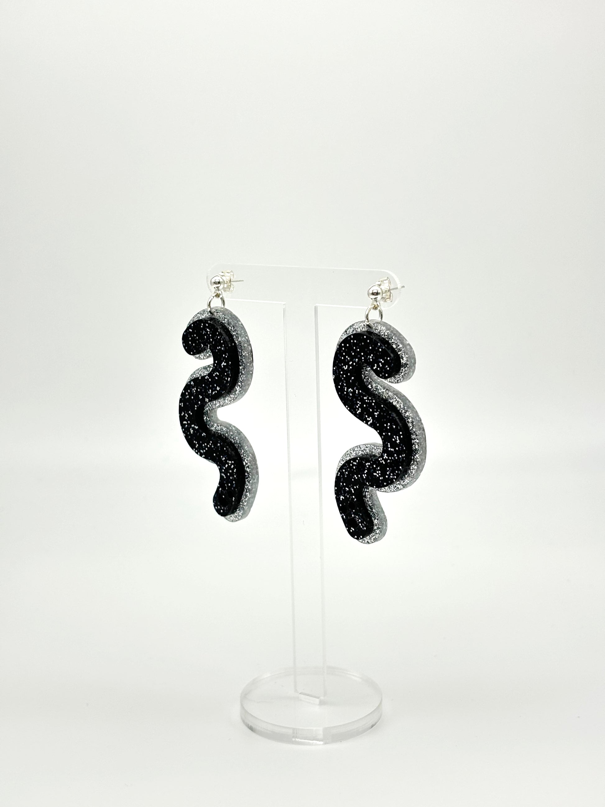 Layered Silver & Black Glitter Acrylic Worm Ball Stud Earrings image 2