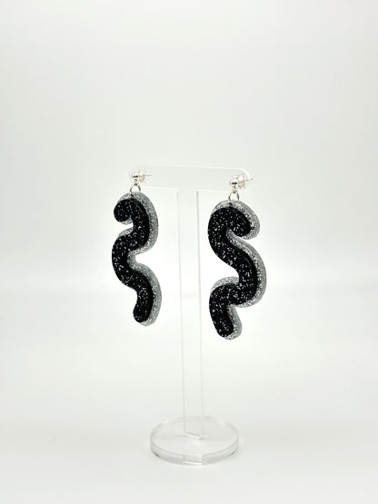 Layered Silver & Black Glitter Acrylic Worm Ball Stud Earrings image 2