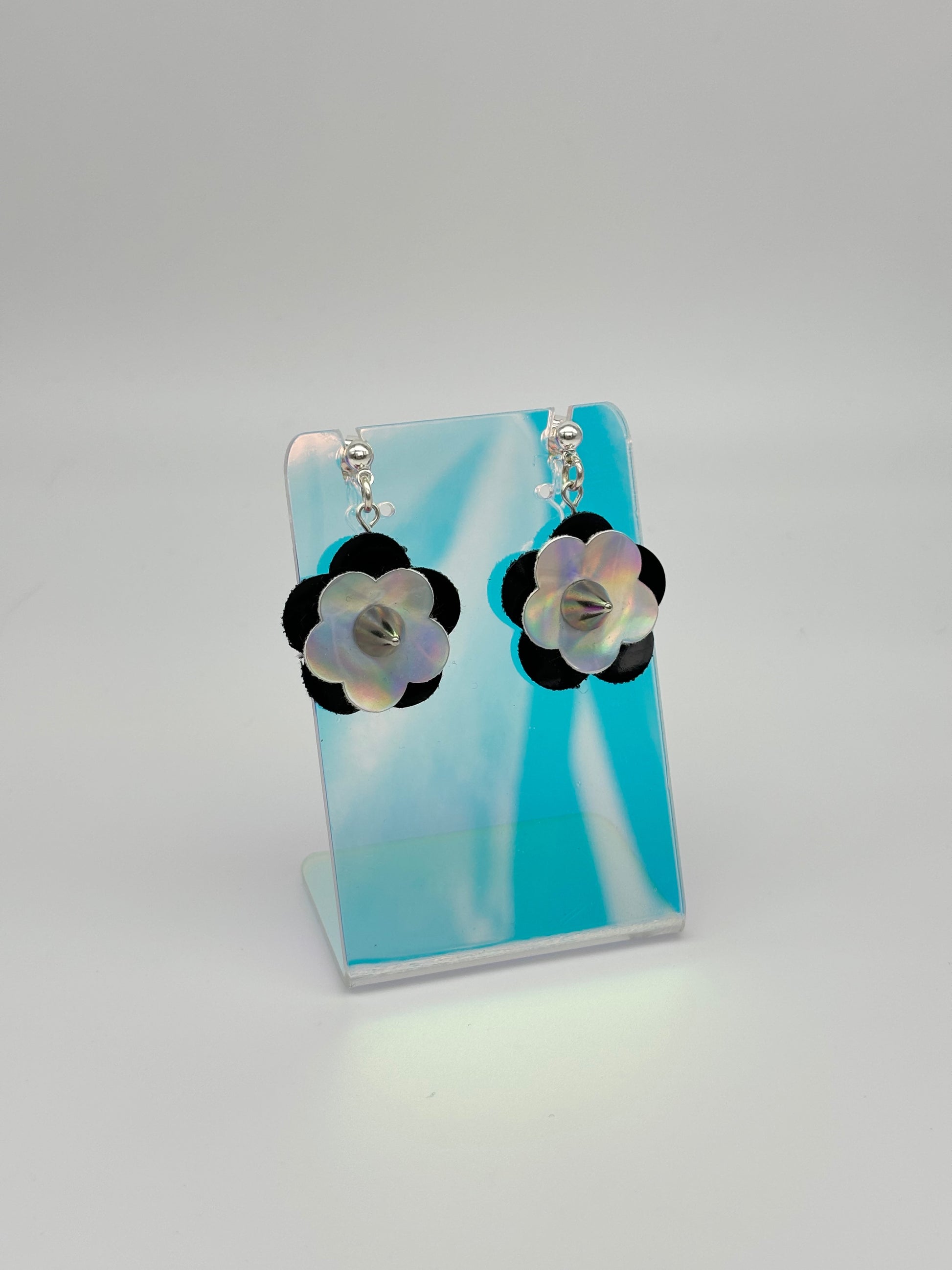 Mini Punk Flower Earrings - Black & Silver Holo, Silver Spikes image 0