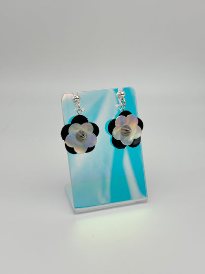 Mini Punk Flower Earrings - Black & Silver Holo, Silver Spikes image 0