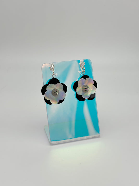 Mini Punk Flower Earrings - Black & Silver Holo, Silver Spikes image 0