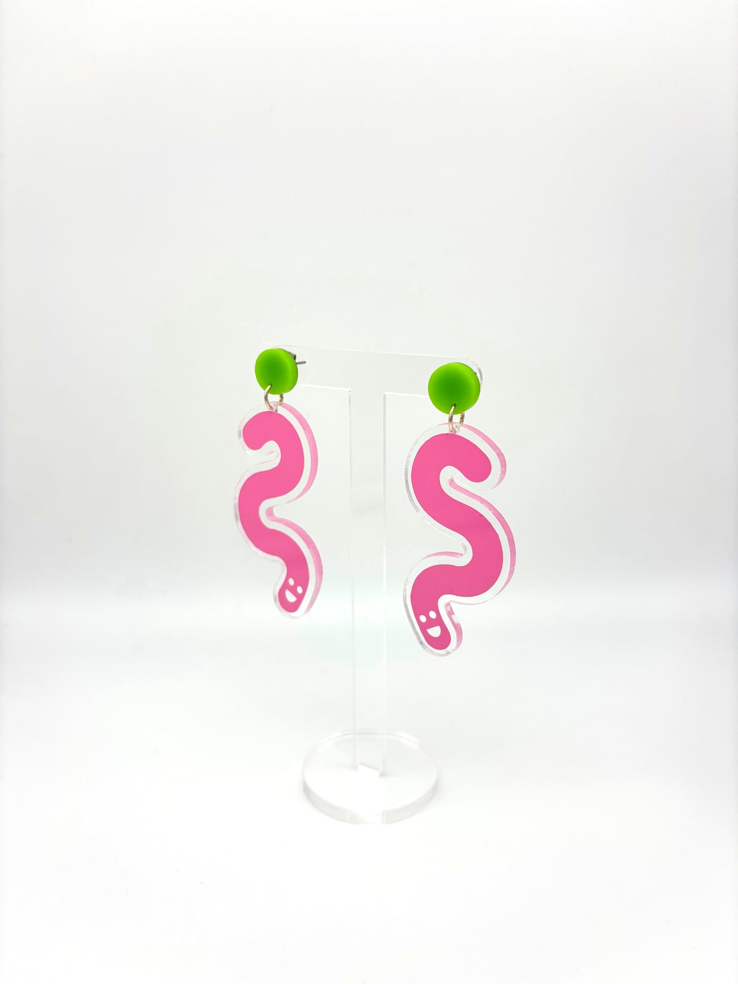 Vinyl Worm Stud Dangle Earrings - Green & Baby Pink image 1