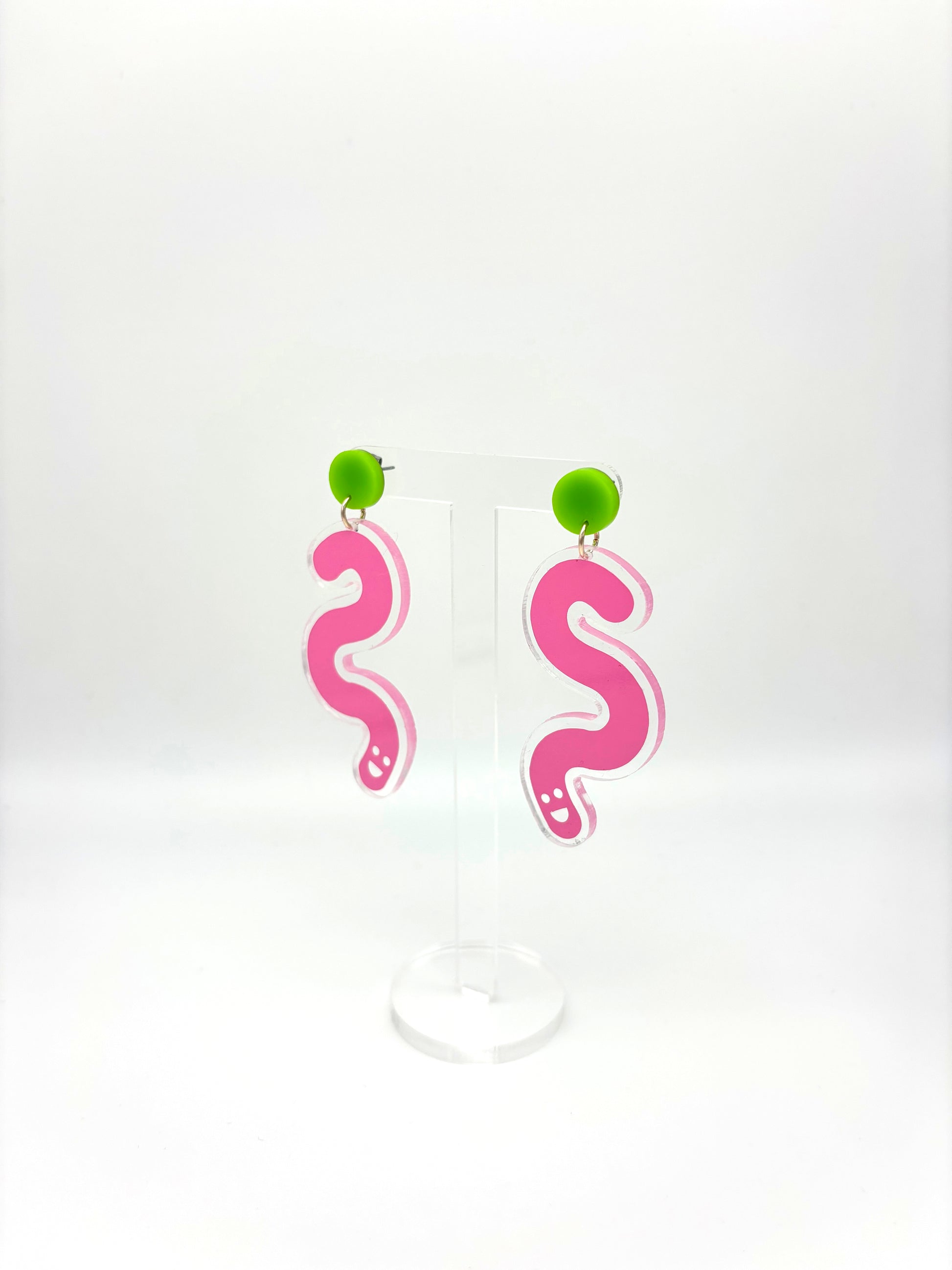 Vinyl Worm Stud Dangle Earrings - Green & Baby Pink image 1