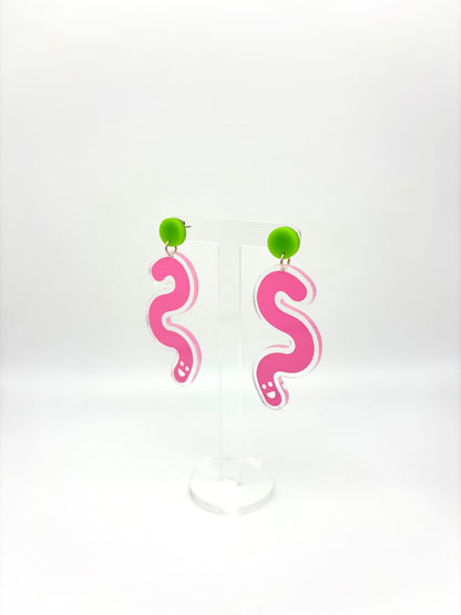 Vinyl Worm Stud Dangle Earrings - Green & Baby Pink image 1