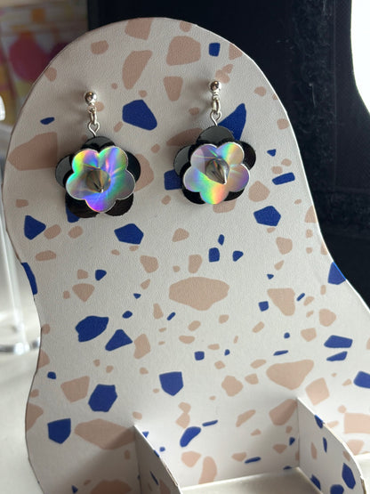 Mini Punk Flower Earrings - Black & Silver Holo, Silver Spikes image 1
