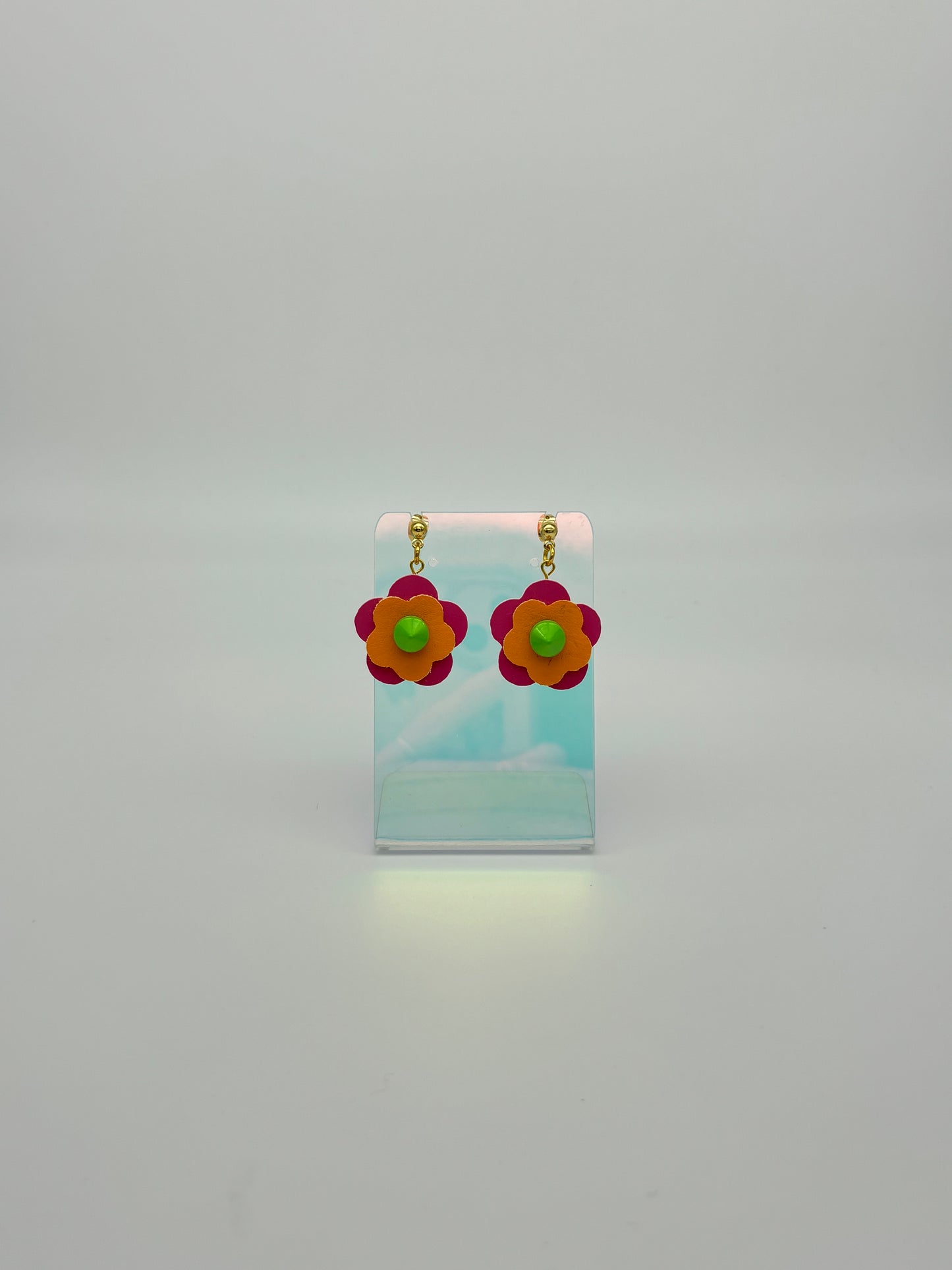 Mini Punk Flower Earrings - Pink & Orange, Green Spikes image 3