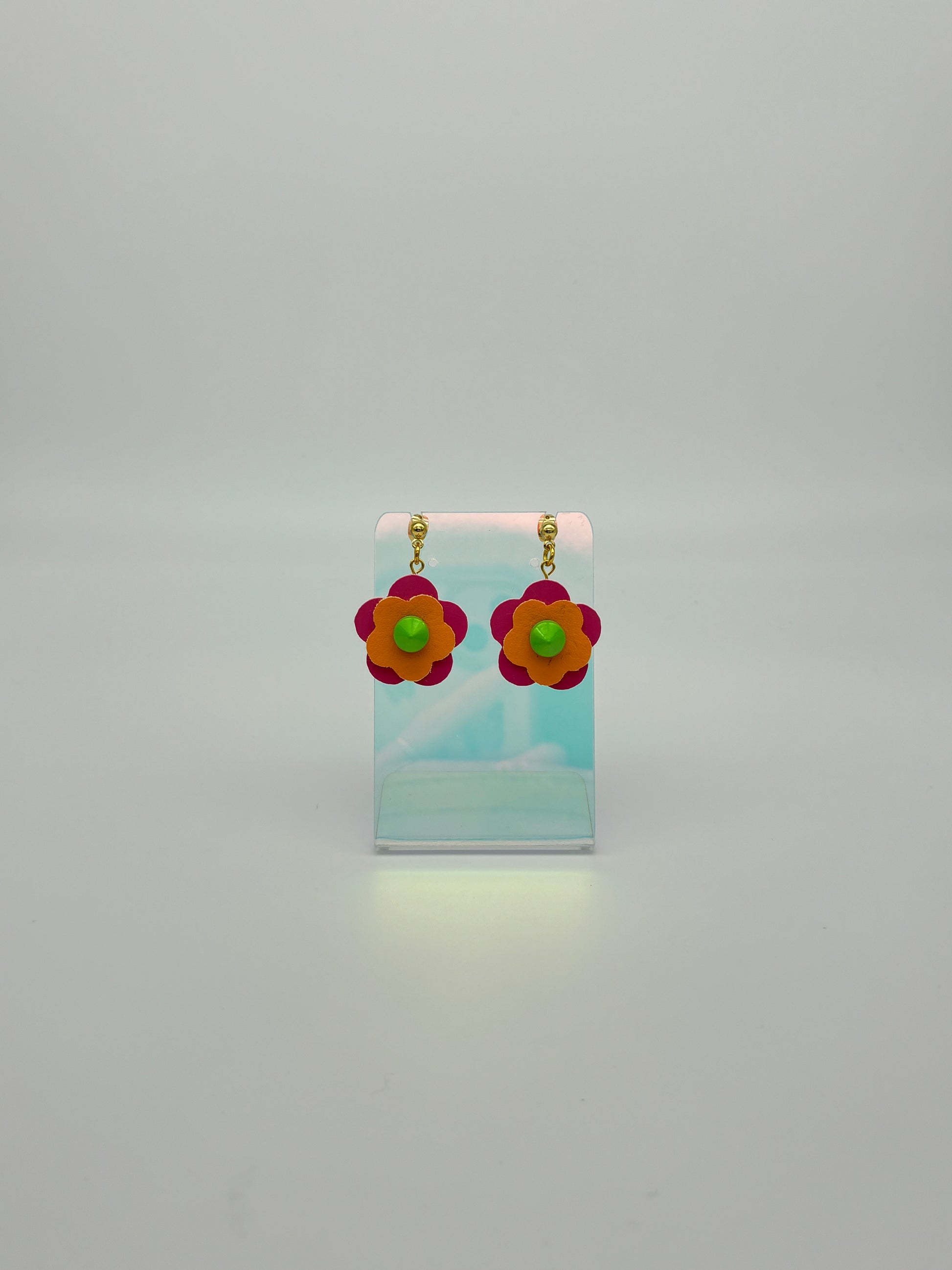 Mini Punk Flower Earrings - Pink & Orange, Green Spikes image 3