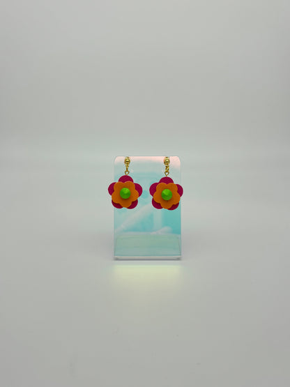Mini Punk Flower Earrings - Pink & Orange, Green Spikes image 3
