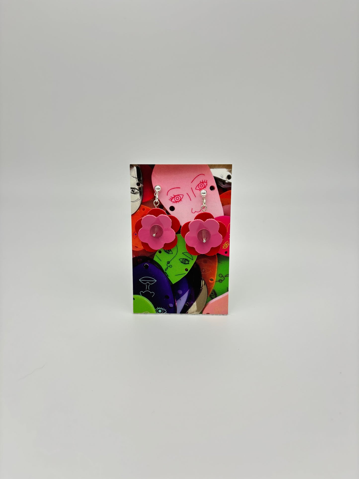 Mini Punk Flower Earrings - Red & Pink, Silver Spikes image 1