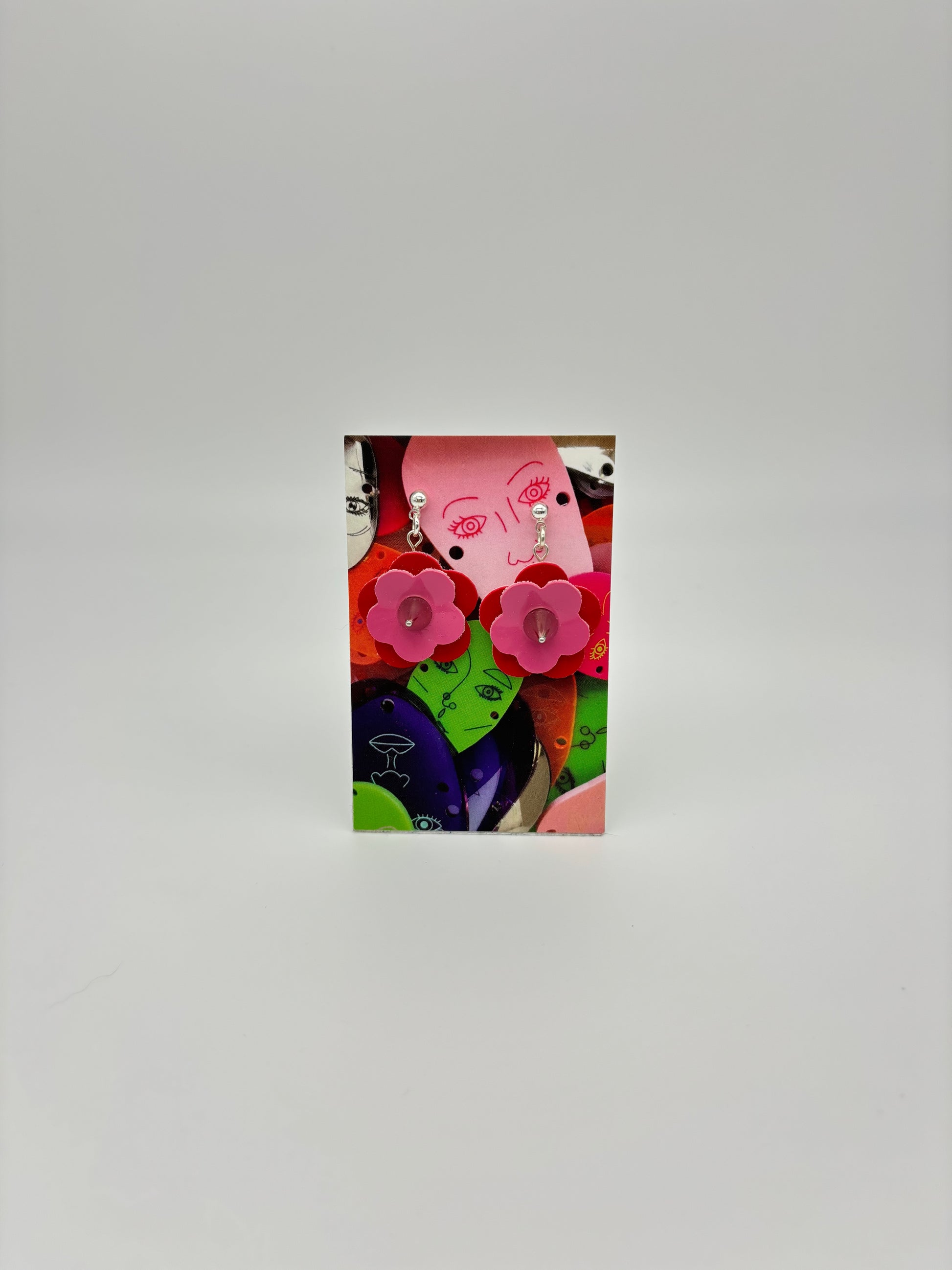 Mini Punk Flower Earrings - Red & Pink, Silver Spikes image 1
