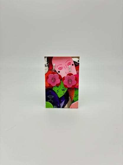 Mini Punk Flower Earrings - Red & Pink, Silver Spikes image 1