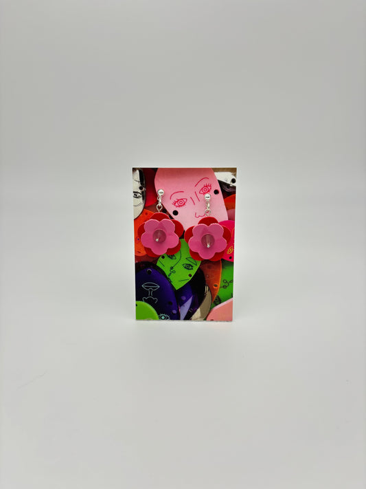 Mini Punk Flower Earrings - Red & Pink, Silver Spikes image 1