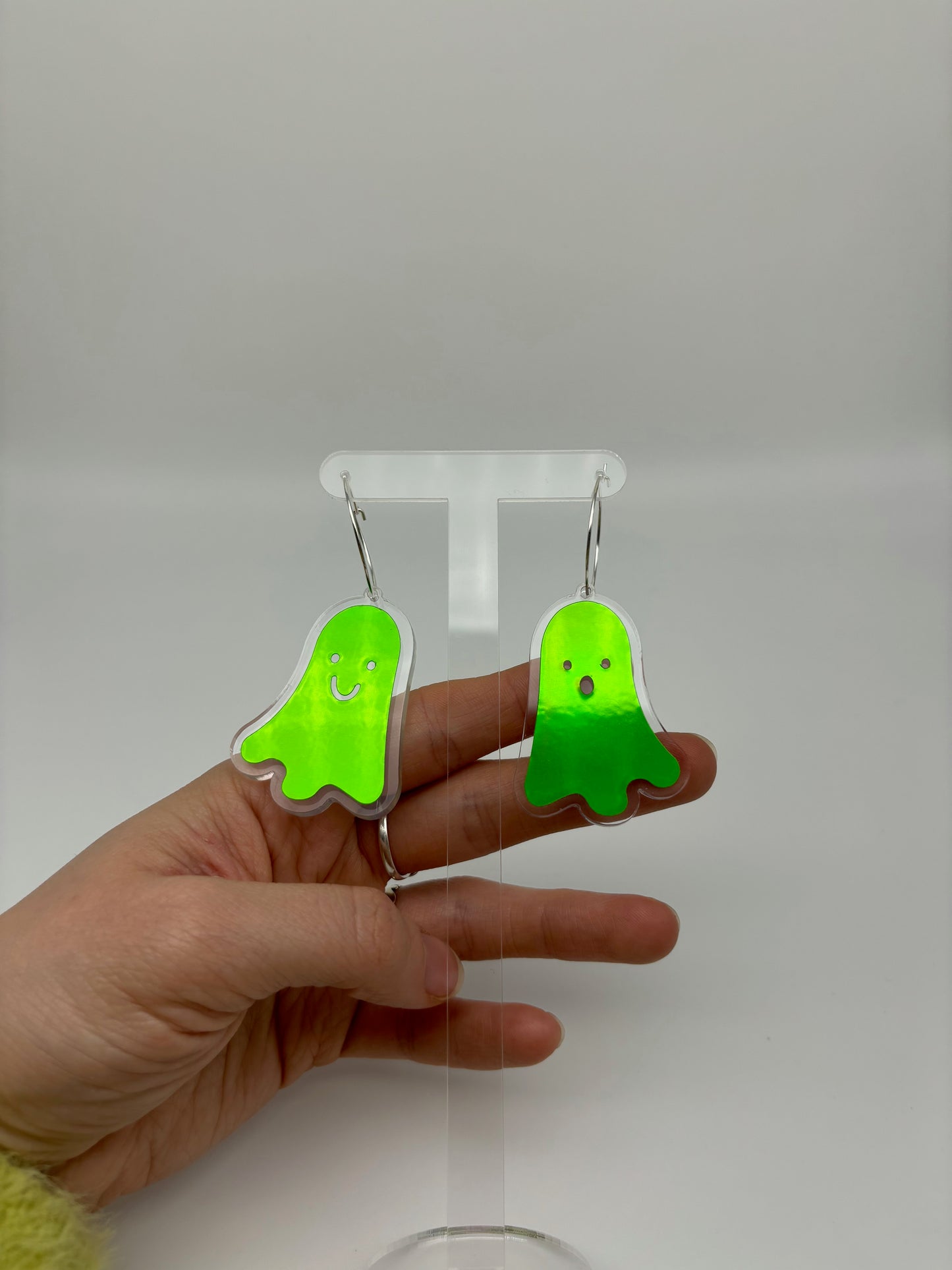 Holographic Ghost Earrings -  Emerald Green Hoops image 3