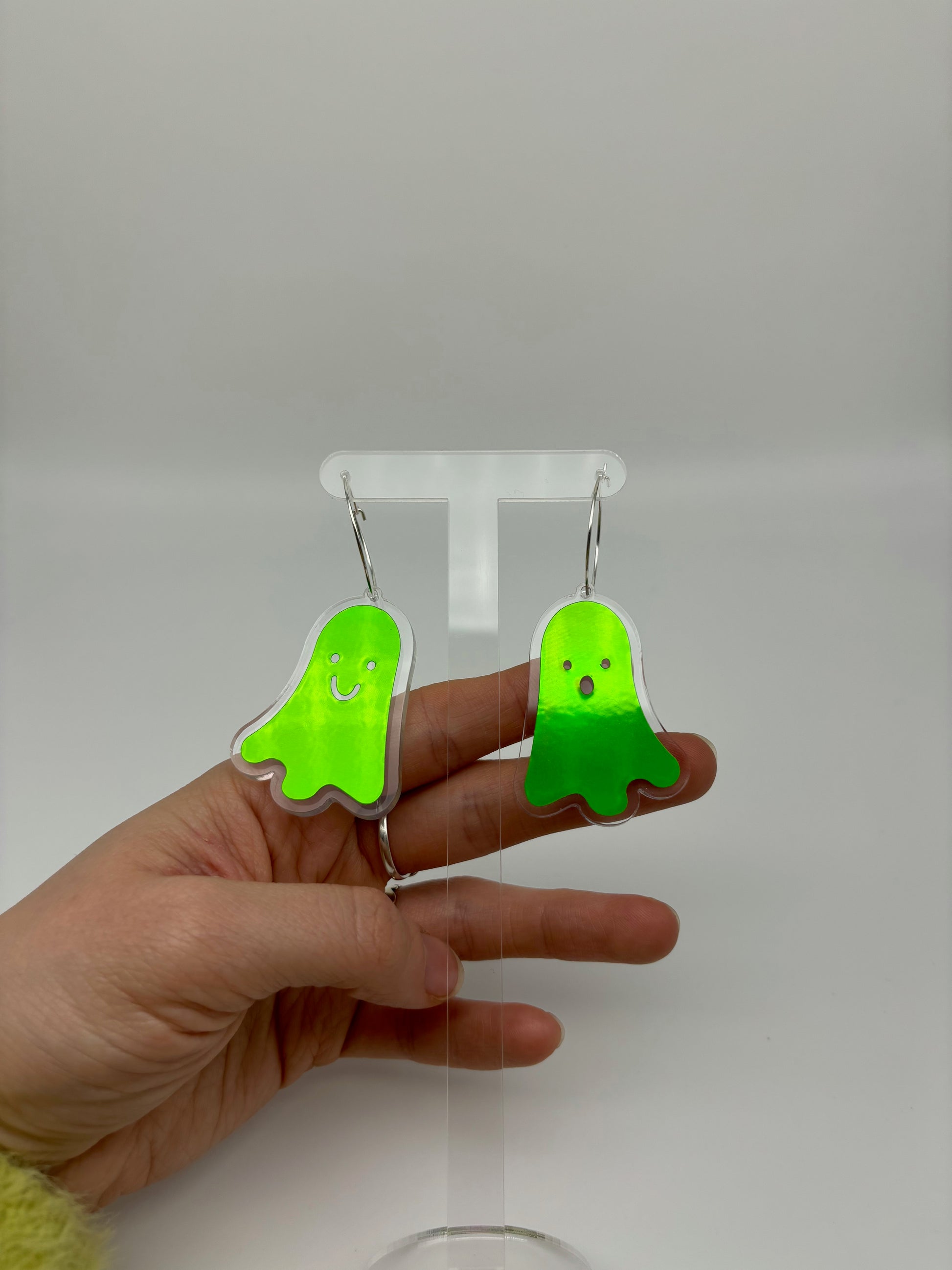 Holographic Ghost Earrings -  Emerald Green Hoops image 3