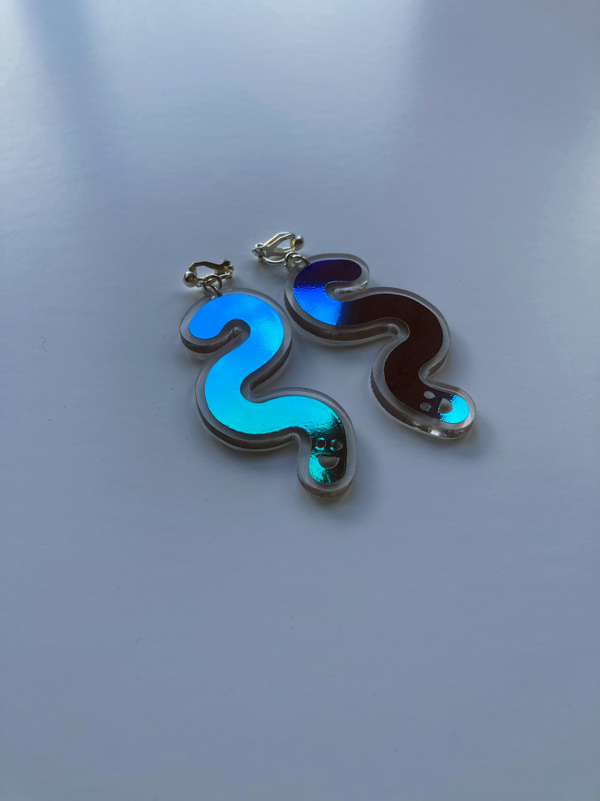 Acrylic & Vinyl Worm Earrings - Clip Ons - Jungle Cobalt image 2
