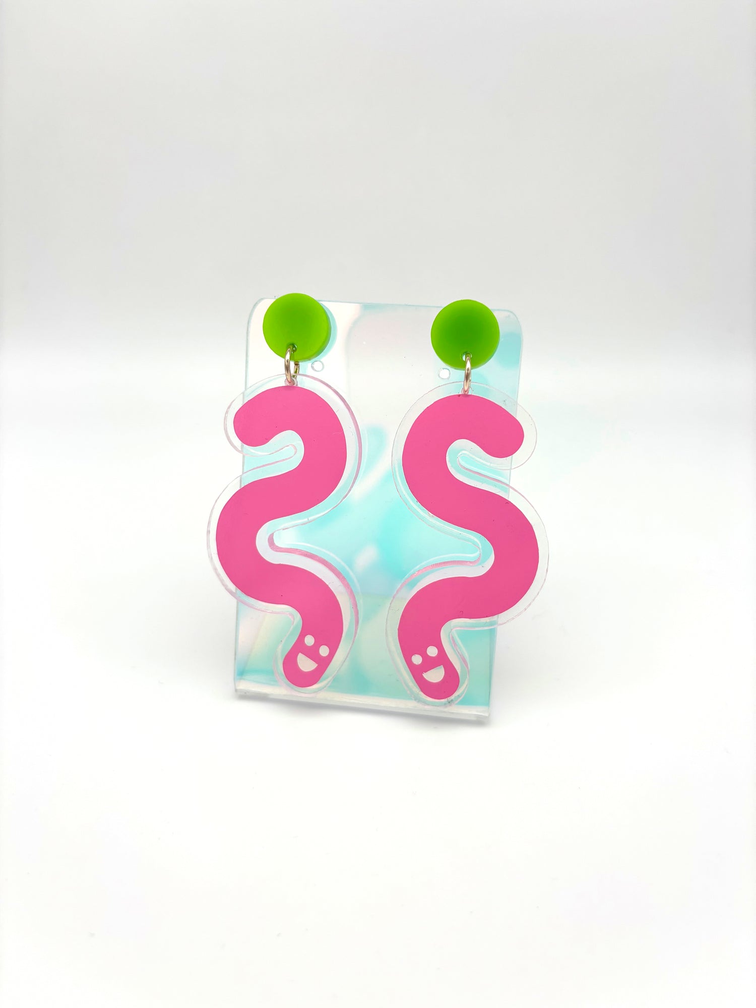 Vinyl Worm Stud Dangle Earrings - Green & Baby Pink image 0