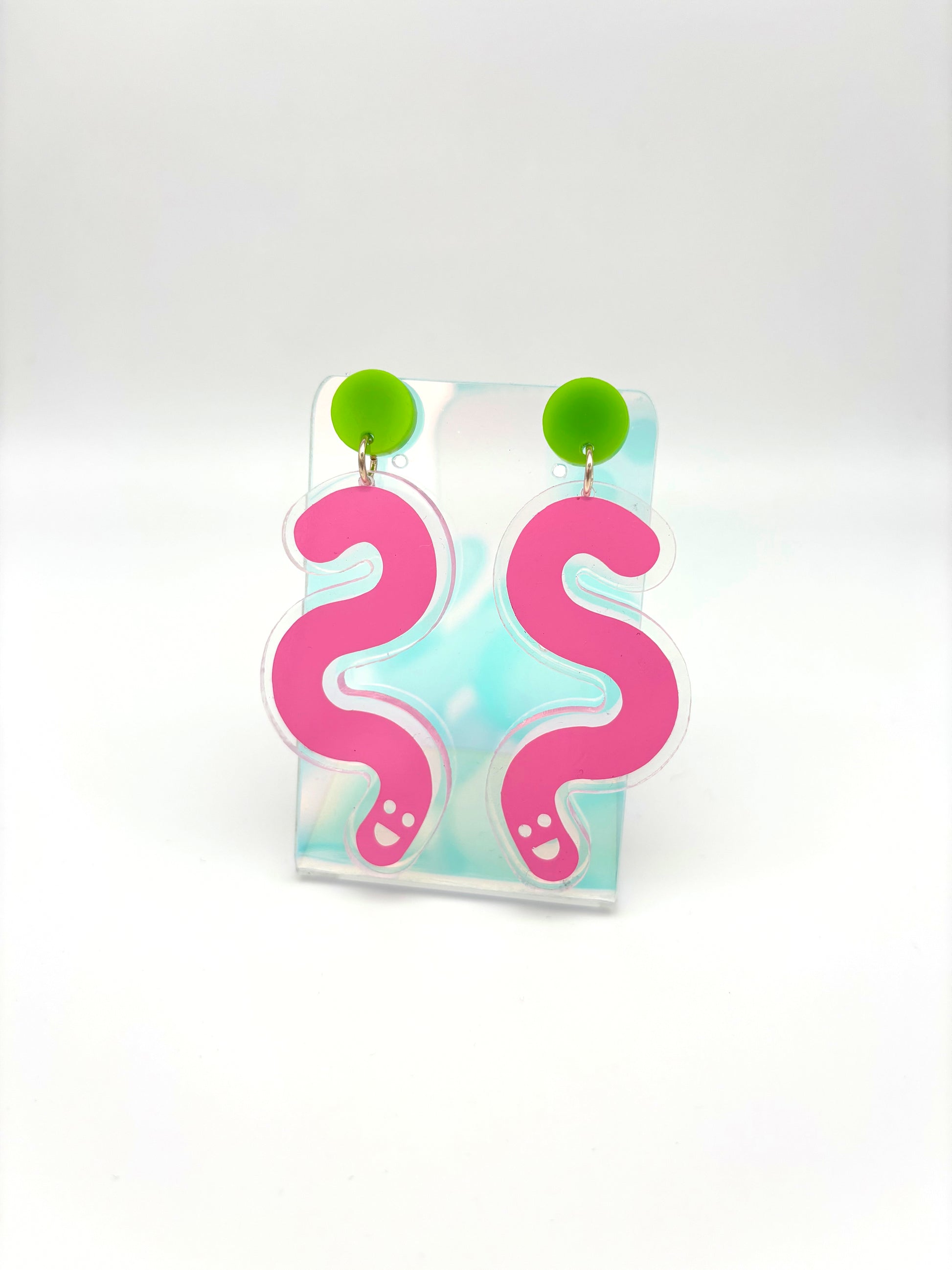 Vinyl Worm Stud Dangle Earrings - Green & Baby Pink image 0