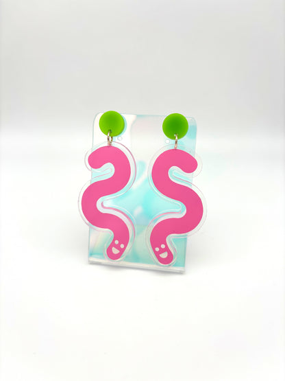 Vinyl Worm Stud Dangle Earrings - Green & Baby Pink image 0