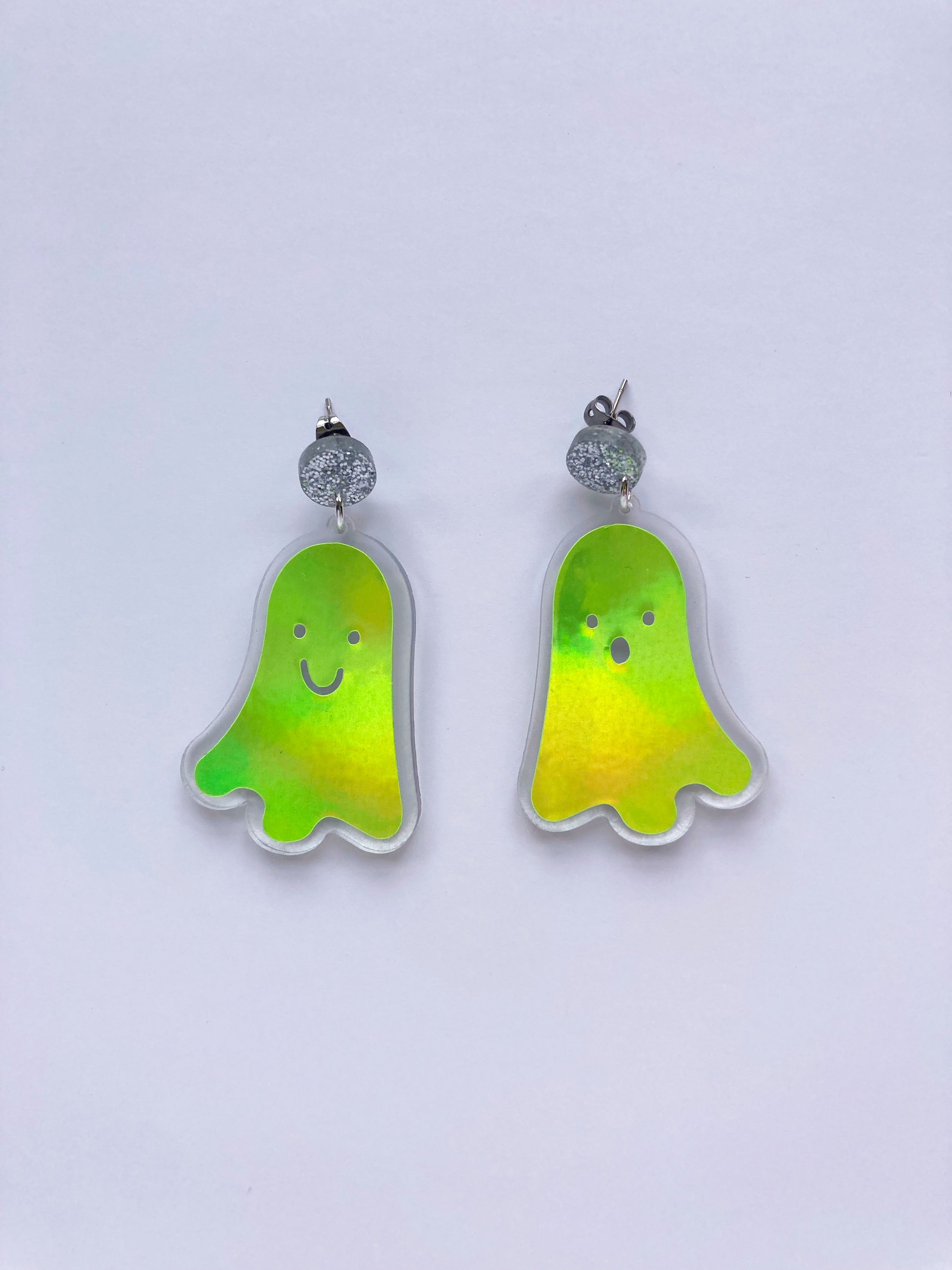 Holographic Ghost Earrings - Lime Green image 0