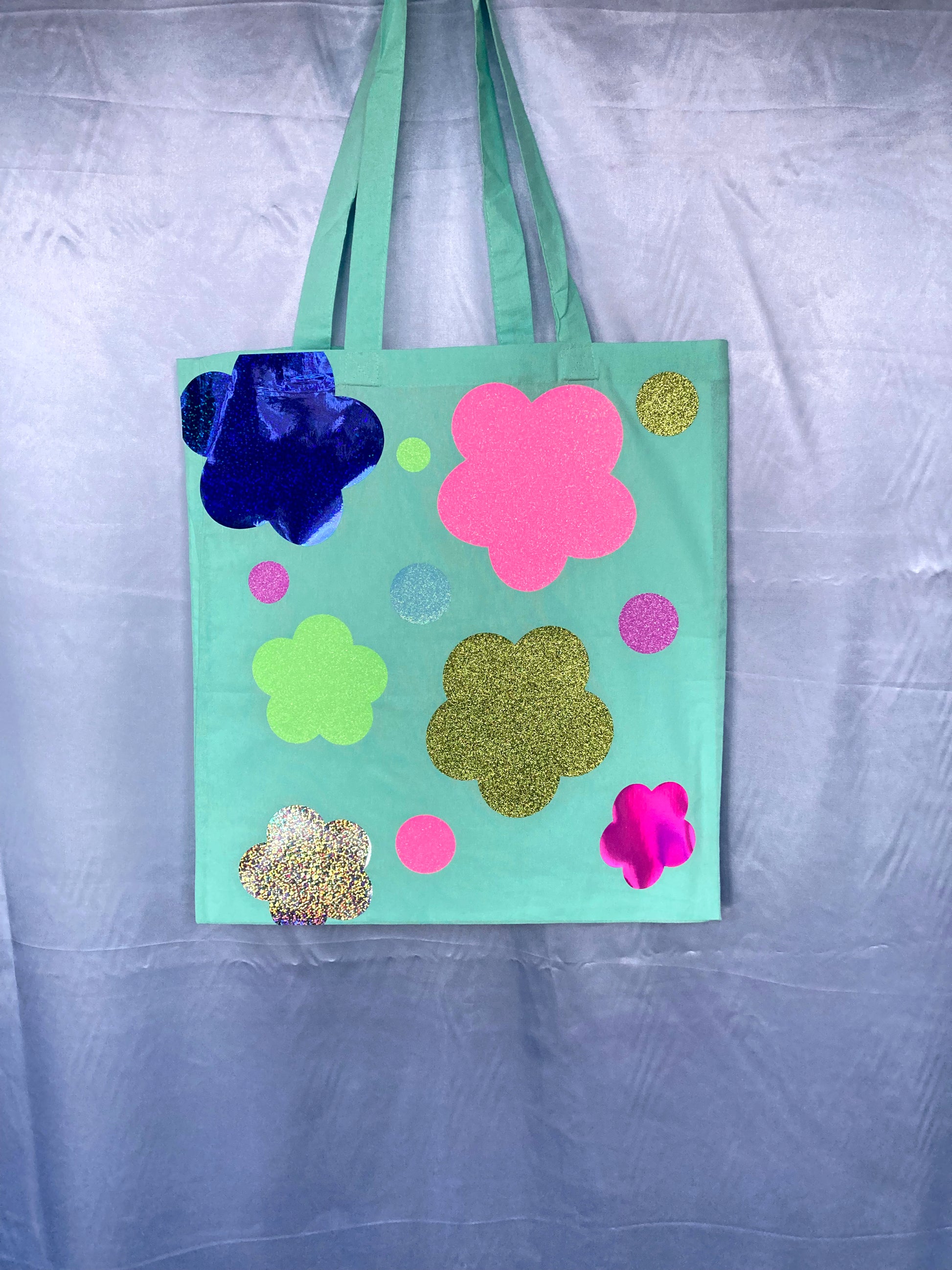 Disco Glitter Flower Teal Tote Bag image 3