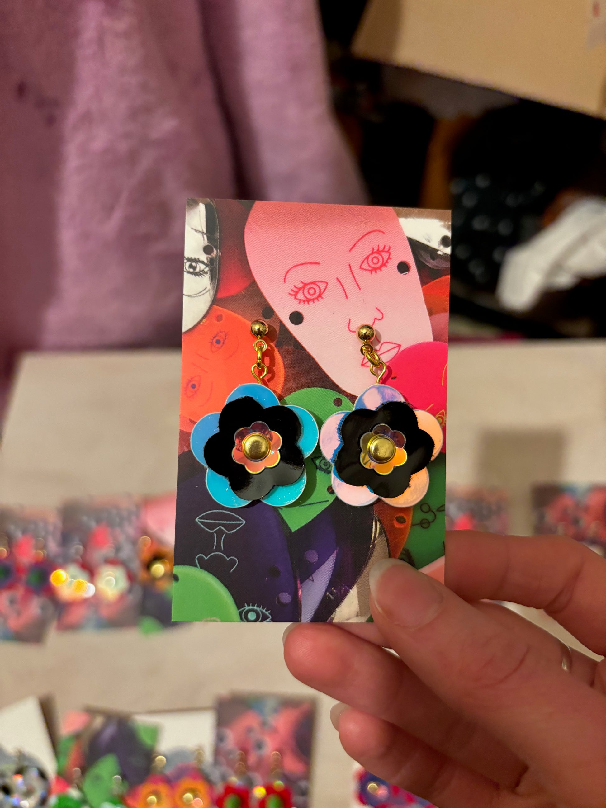 Mini Punk Flower Earrings - Iridescent & Black image 3