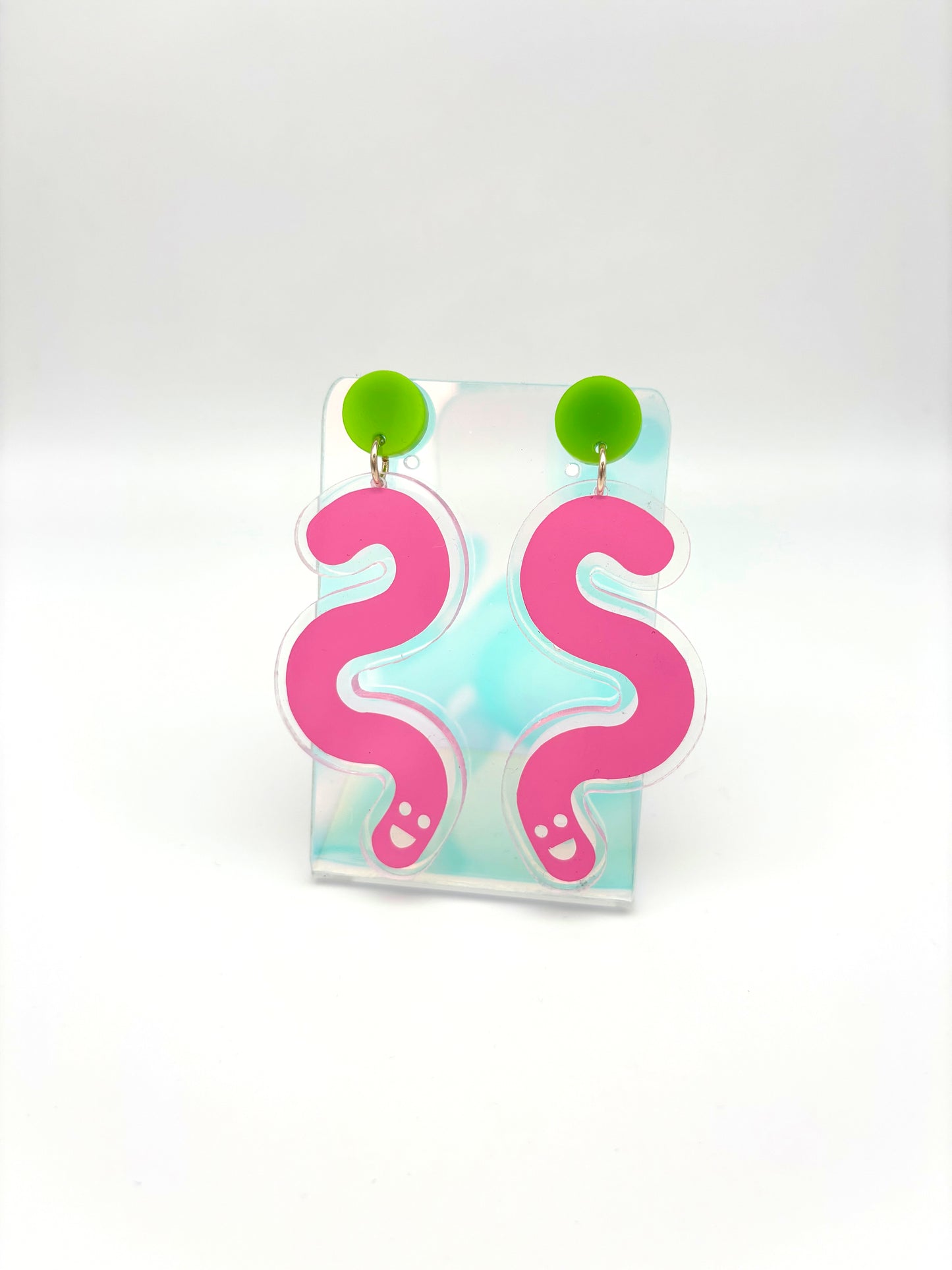 Vinyl Worm Stud Dangle Earrings - Green & Baby Pink image 2