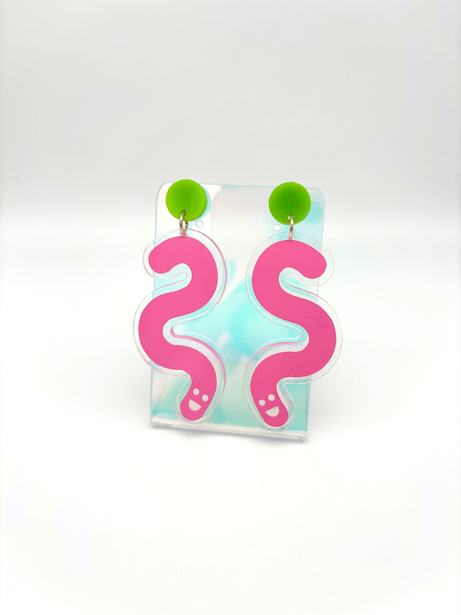 Vinyl Worm Stud Dangle Earrings - Green & Baby Pink image 2