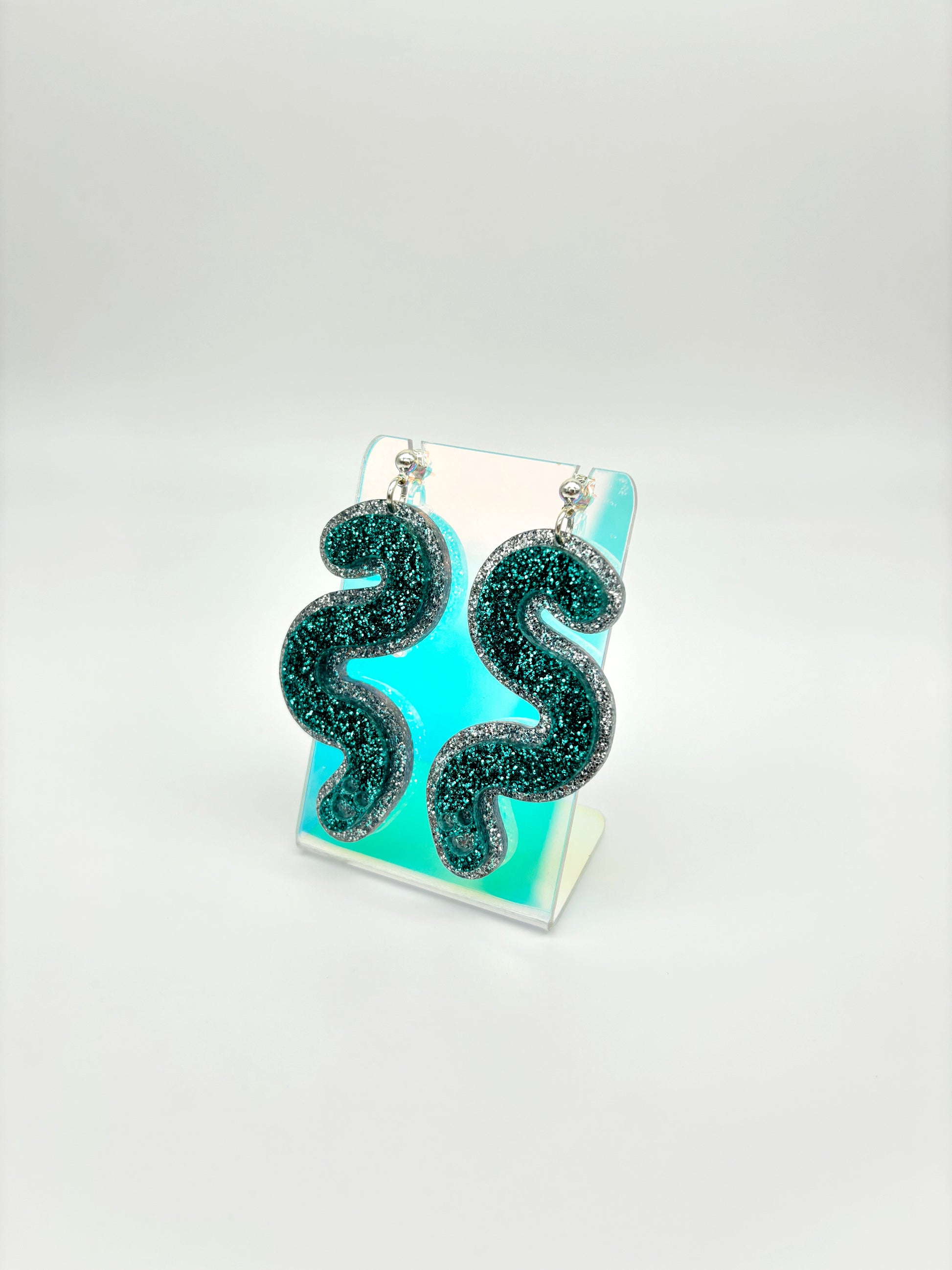 Layered Silver & Teal Glitter Acrylic Worm Ball Stud Earrings image 1
