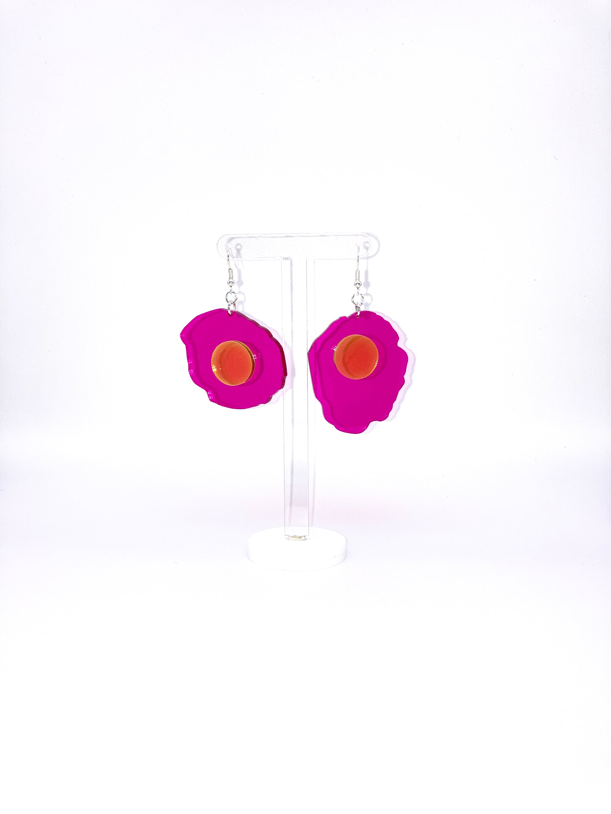 Neon Fluorescent Fried Egg Earrings - Big Pink Wiggly Eggs image 0