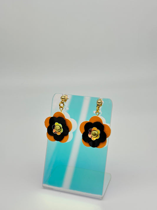 Mini Punk Flower Earrings - Orange & Black image 1