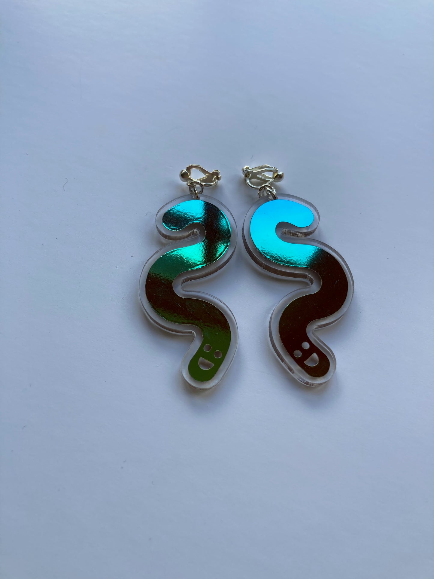 Acrylic & Vinyl Worm Earrings - Clip Ons - Jungle Cobalt image 3