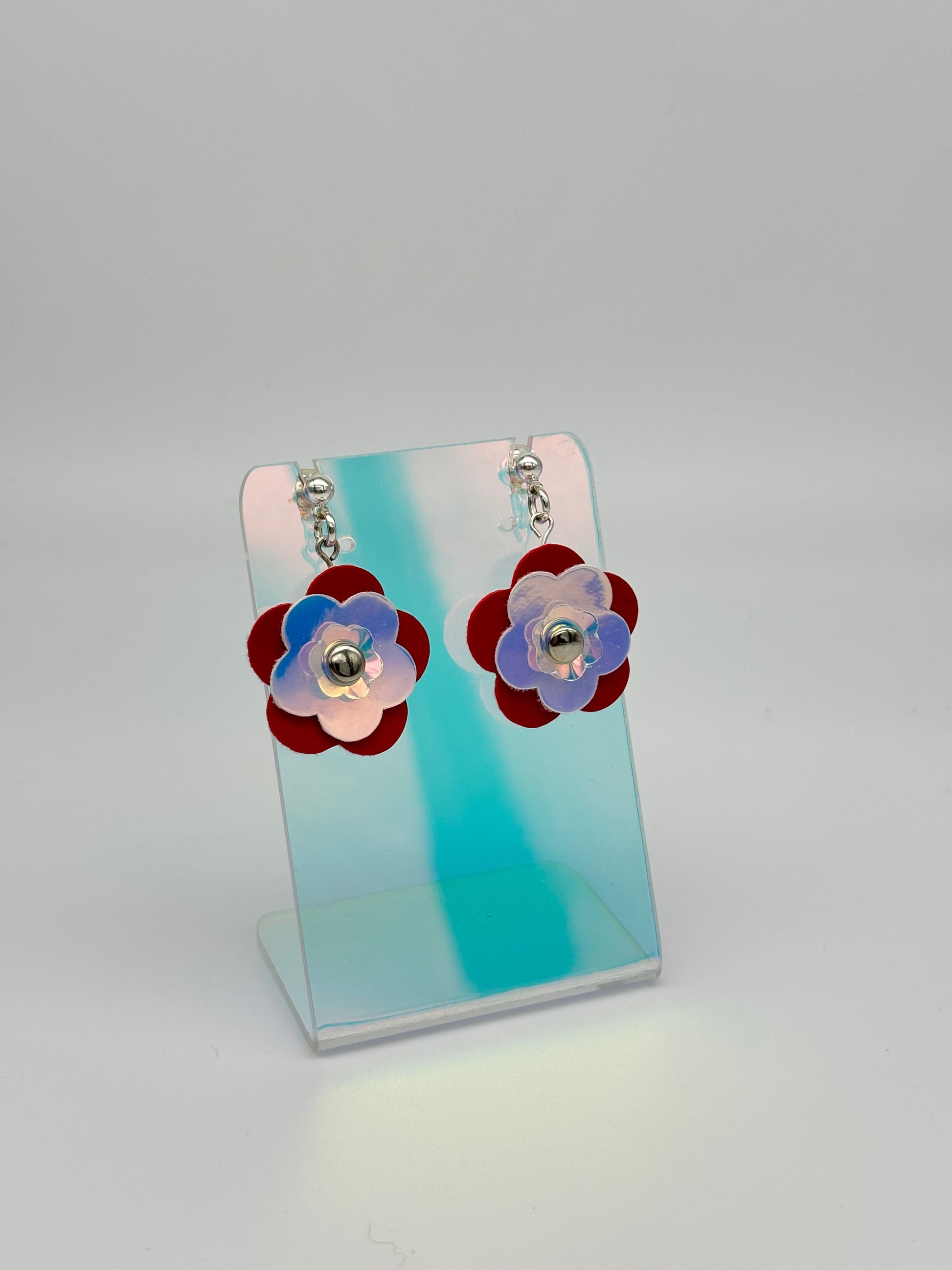 Mini Punk Flower Earrings - Red & Iridescent image 2