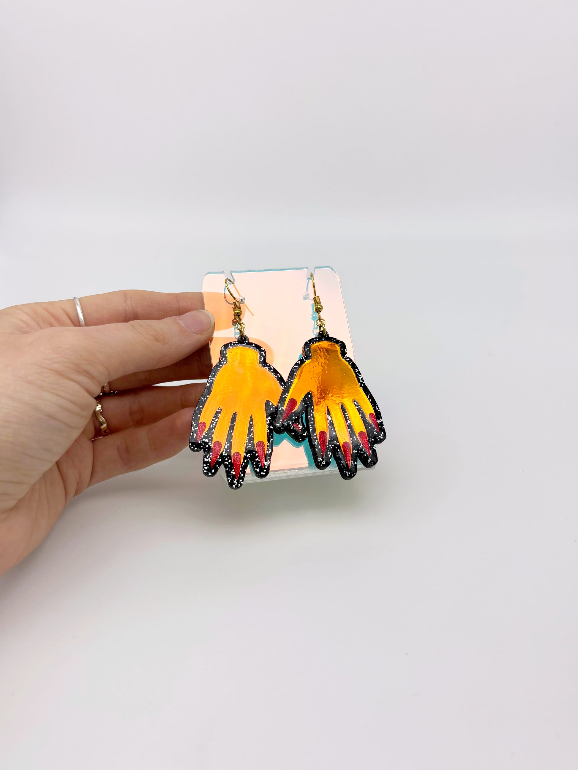 Sparkly Hand Acrylic Earrings - Tourmaline Aurora & Black Glitter image 3