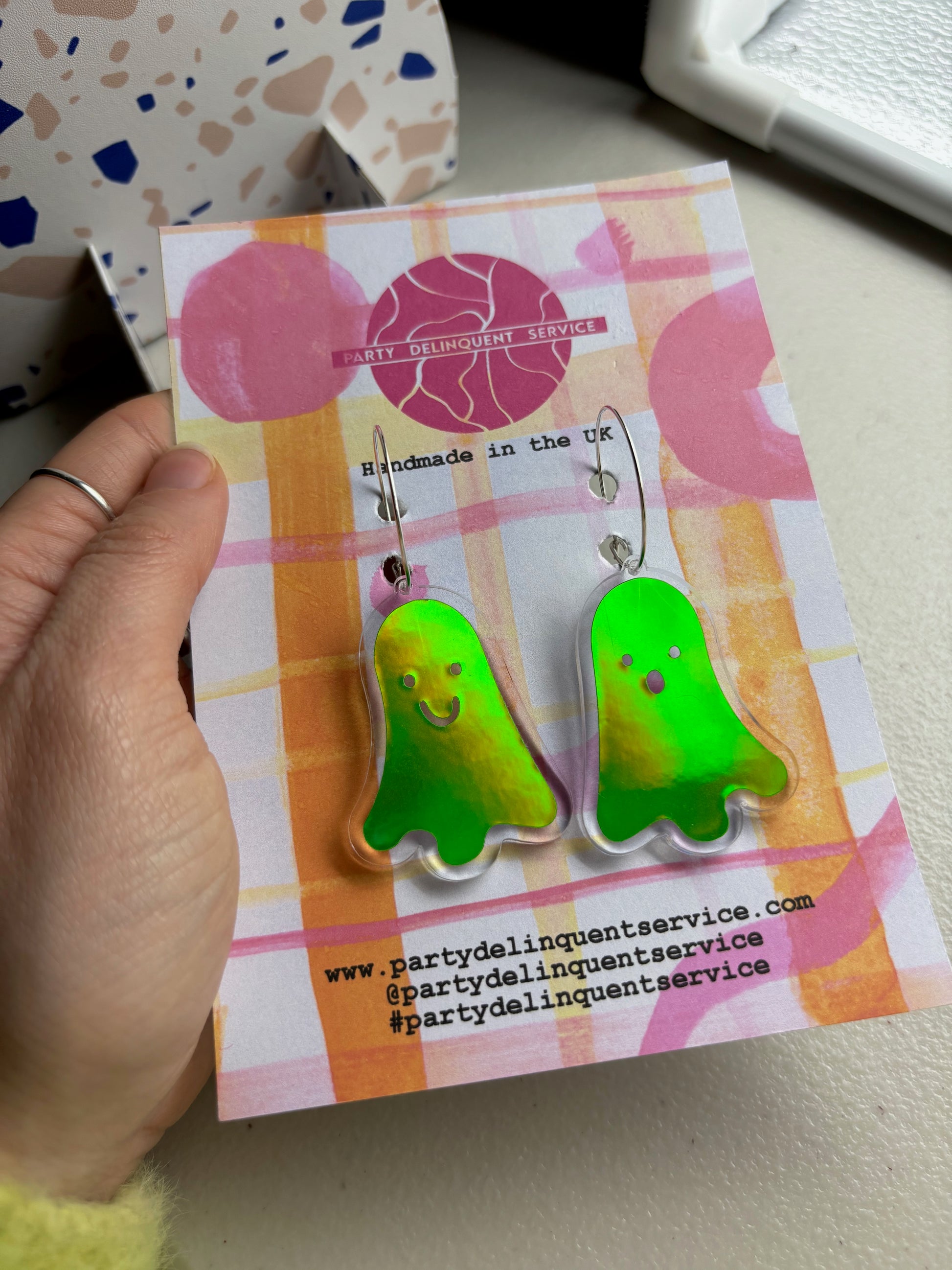 Holographic Ghost Earrings -  Emerald Green Hoops image 1