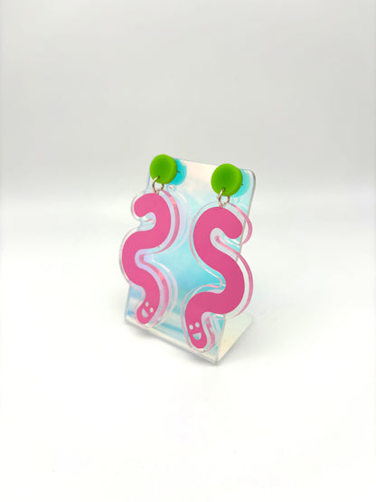 Vinyl Worm Stud Dangle Earrings - Green & Baby Pink image 4