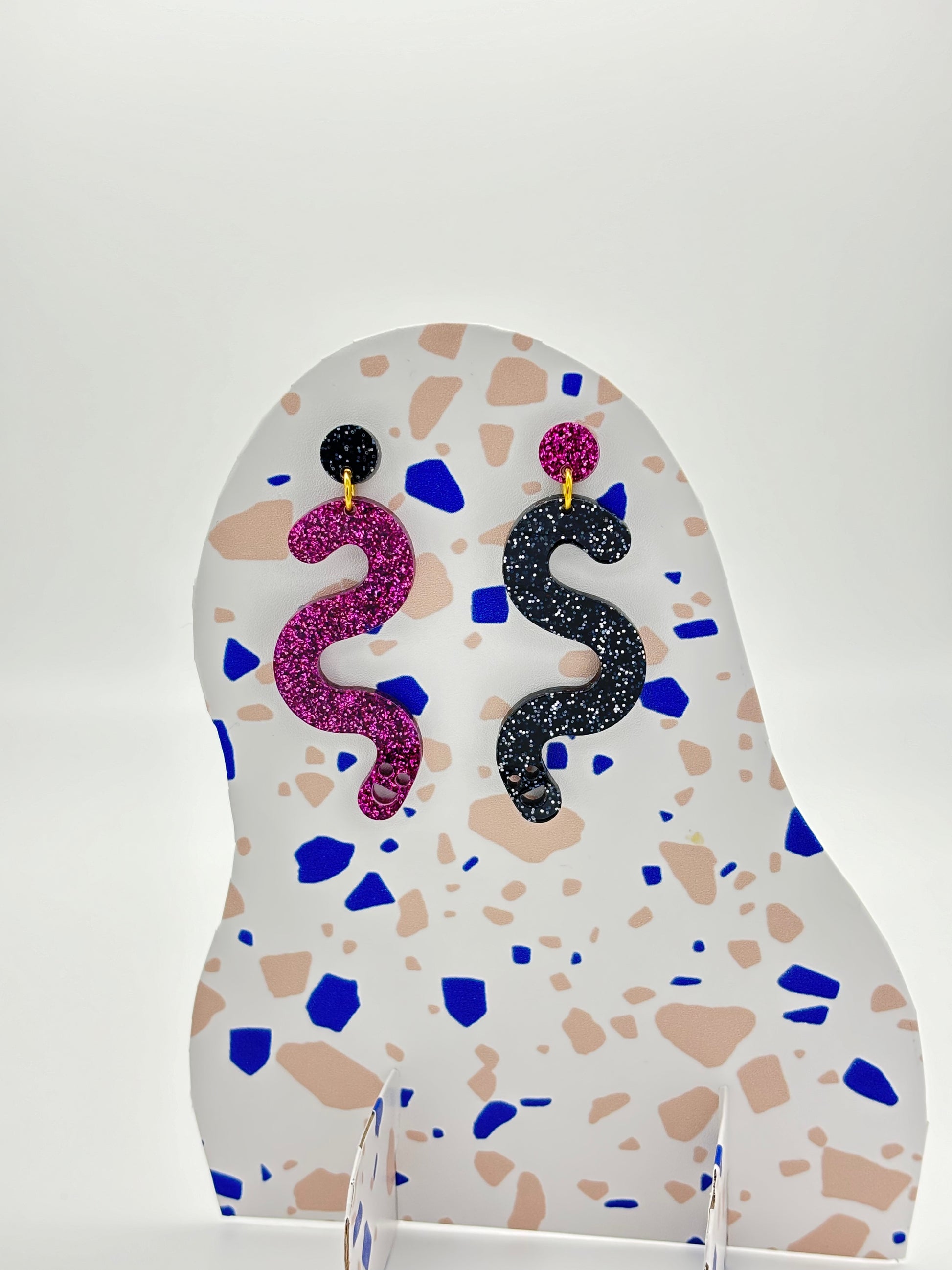Glitter Worm Contrast Earrings - Magenta & Black image 3