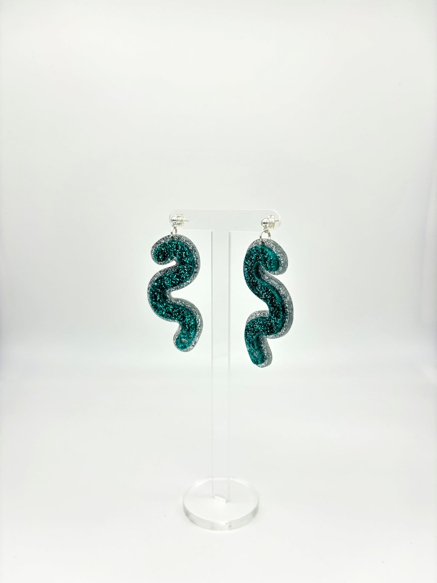 Layered Silver & Teal Glitter Acrylic Worm Ball Stud Earrings image 3