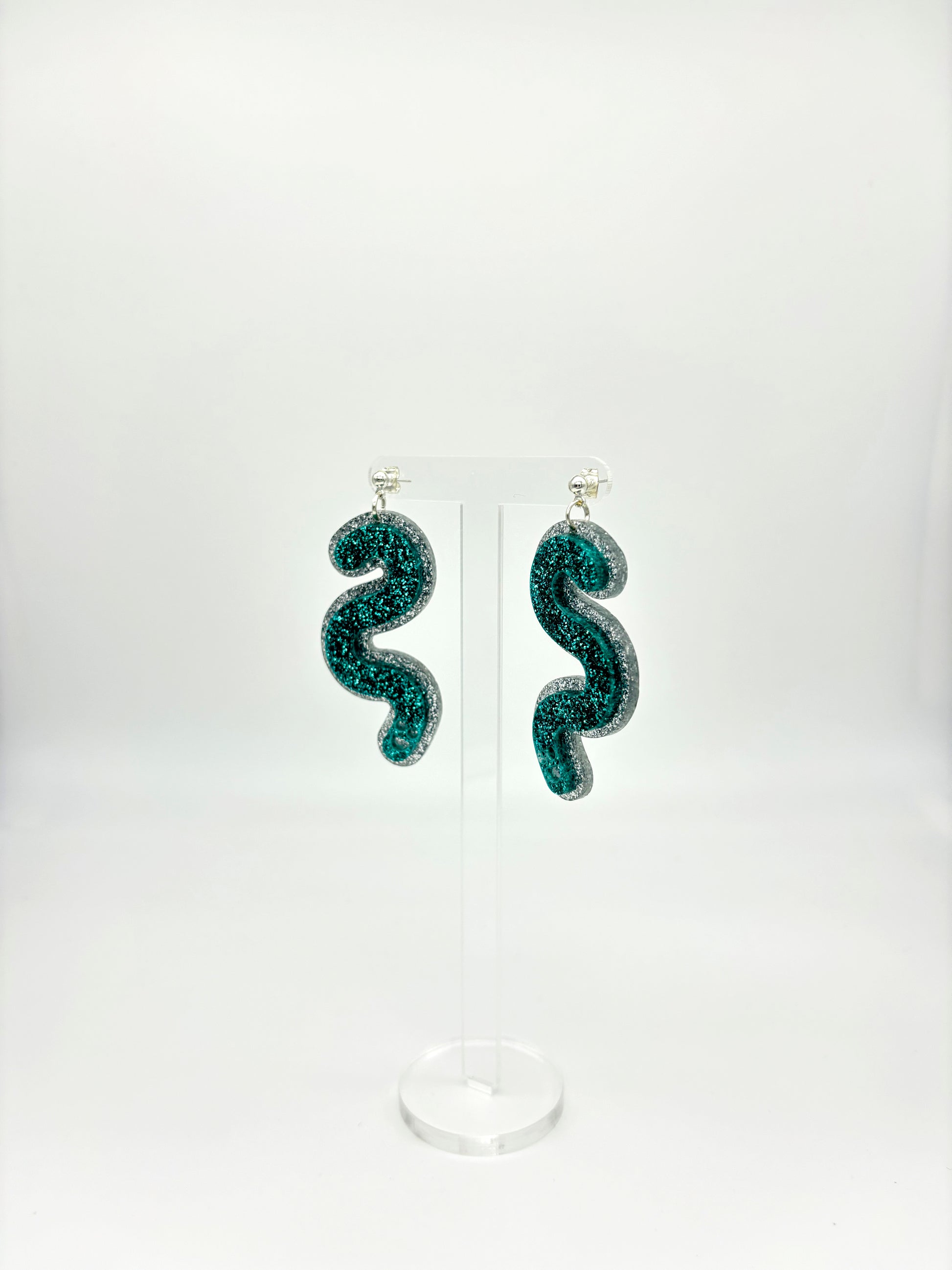 Layered Silver & Teal Glitter Acrylic Worm Ball Stud Earrings image 3