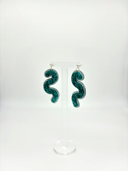 Layered Silver & Teal Glitter Acrylic Worm Ball Stud Earrings image 3