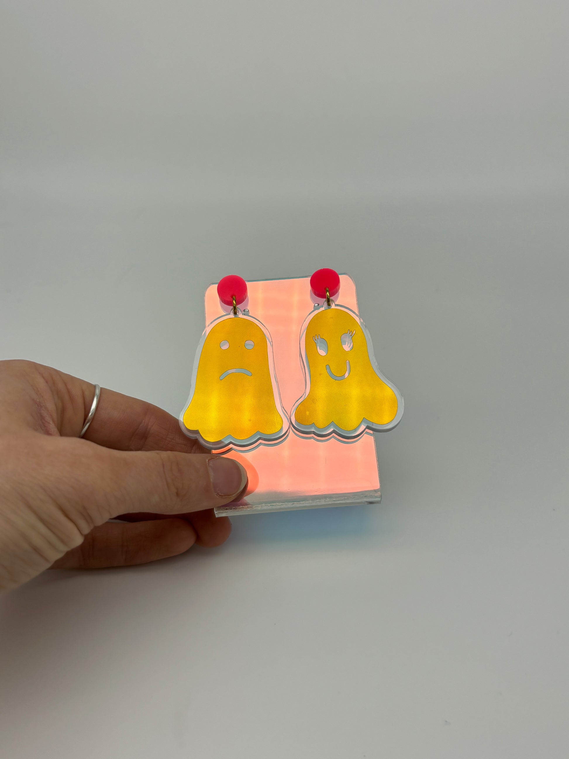 Holographic Ghost Earrings - Yellow Gold & Hot Pink image 3