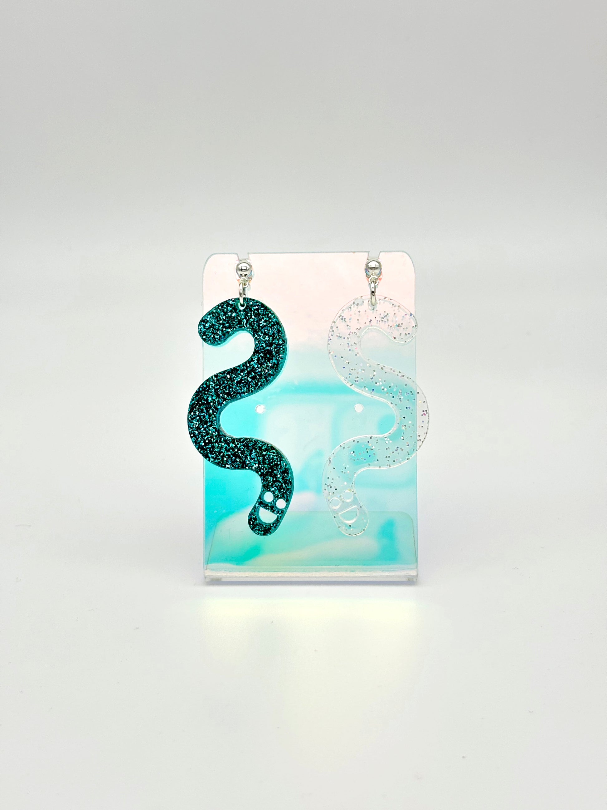 Glitter Worm Contrast Earrings - Teal & Clear Holo Glitter image 1