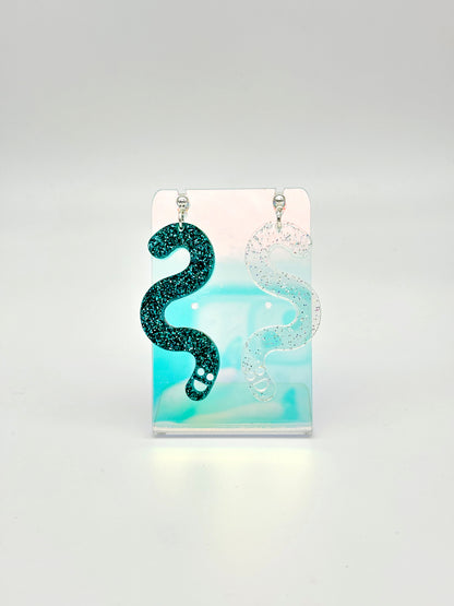 Glitter Worm Contrast Earrings - Teal & Clear Holo Glitter image 1