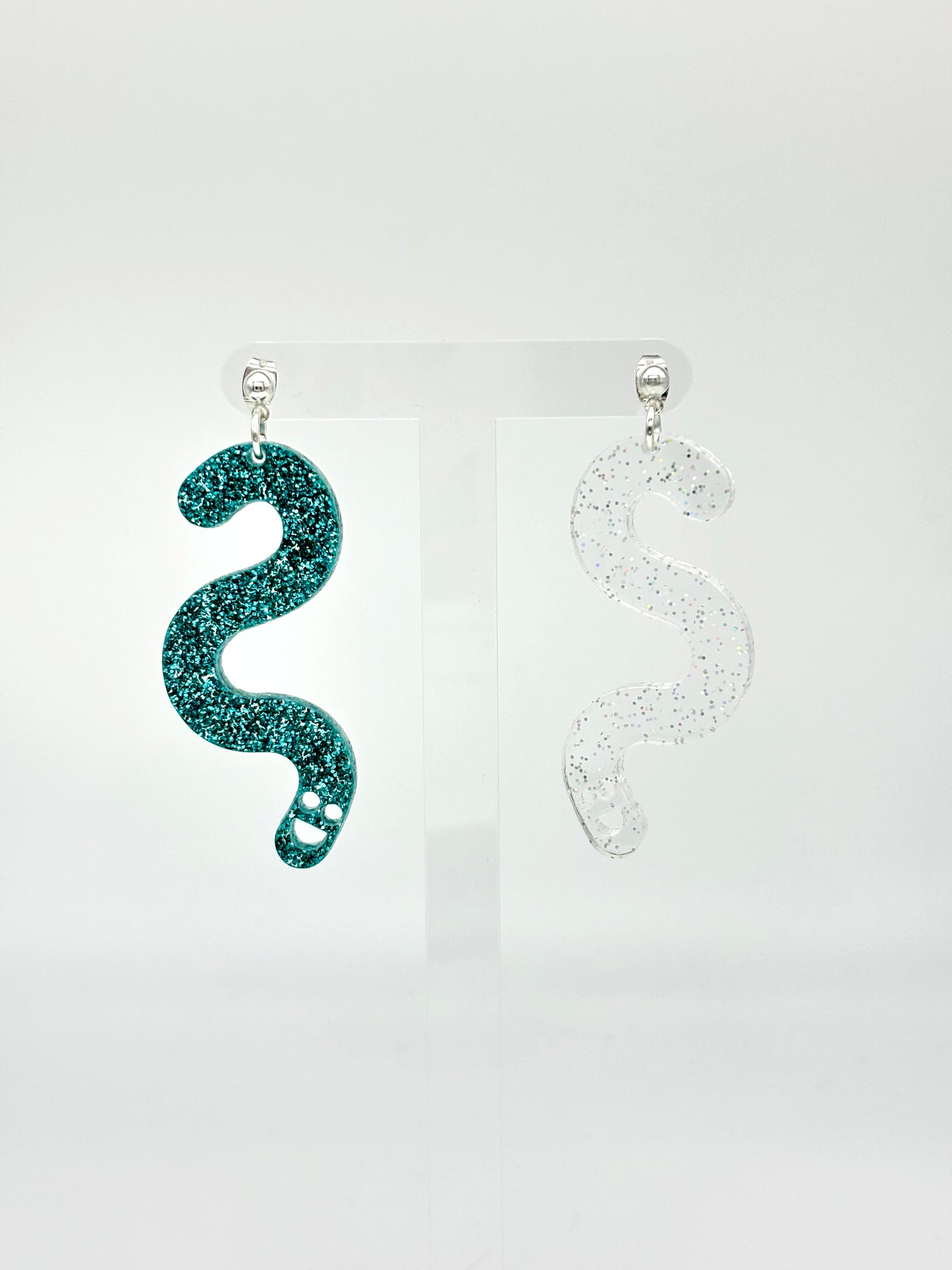 Glitter Worm Contrast Earrings - Teal & Clear Holo Glitter image 2