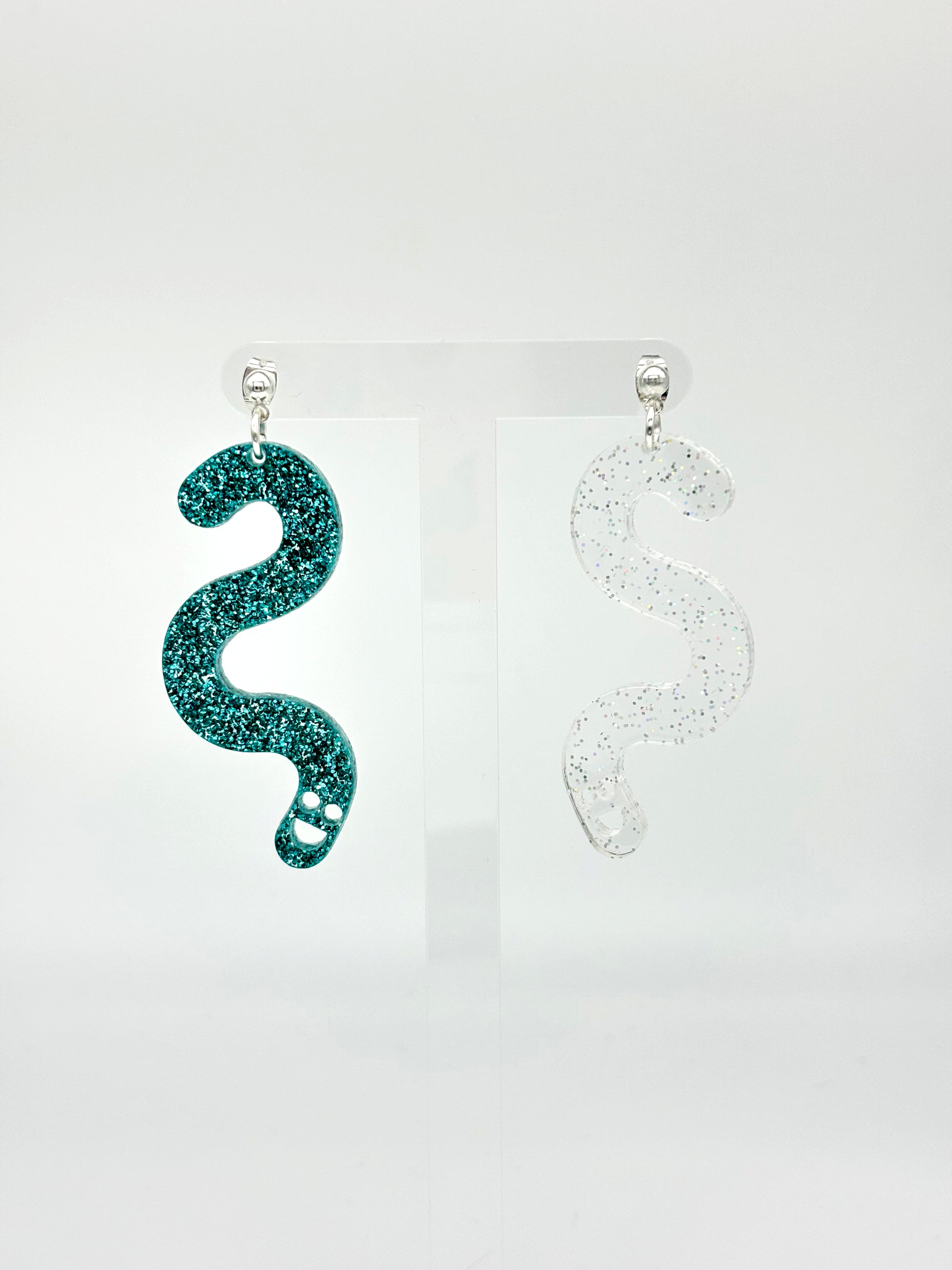 Glitter Worm Contrast Earrings - Teal & Clear Holo Glitter image 2