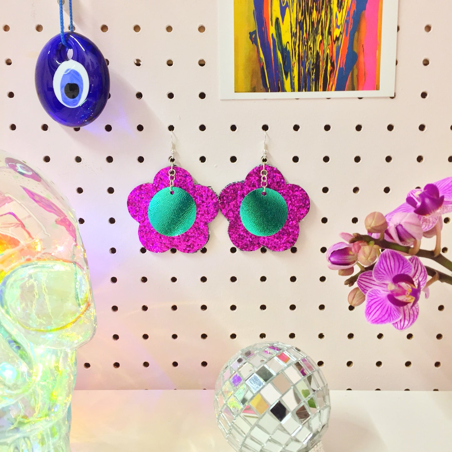 Disco Flower Magenta Large Statement Earrings image 2