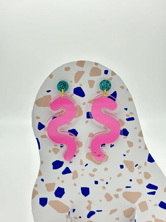 Vinyl Worm Glitter Stud Dangle Earrings - Teal & Baby Pink image 0