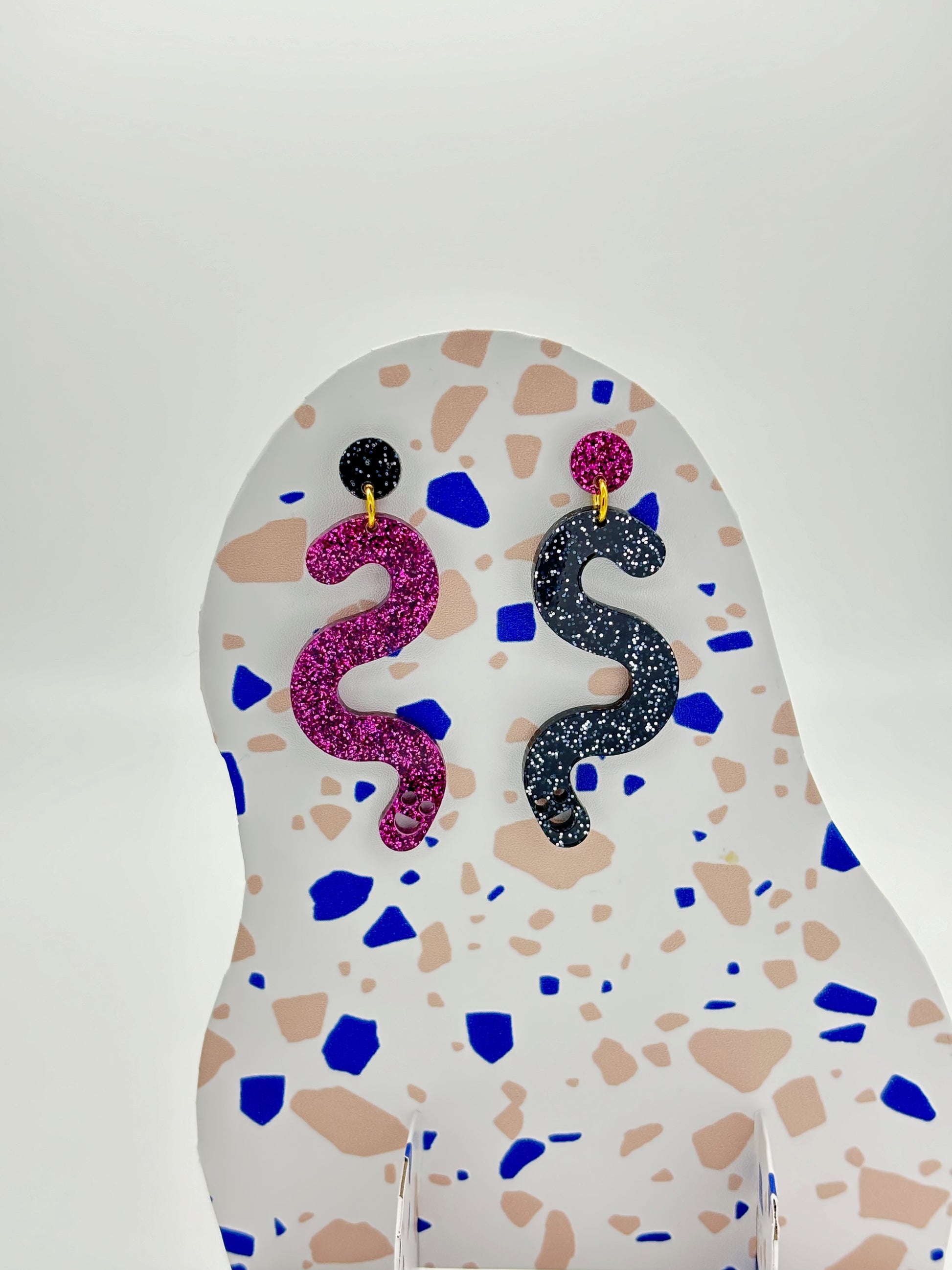 Glitter Worm Contrast Earrings - Magenta & Black image 0