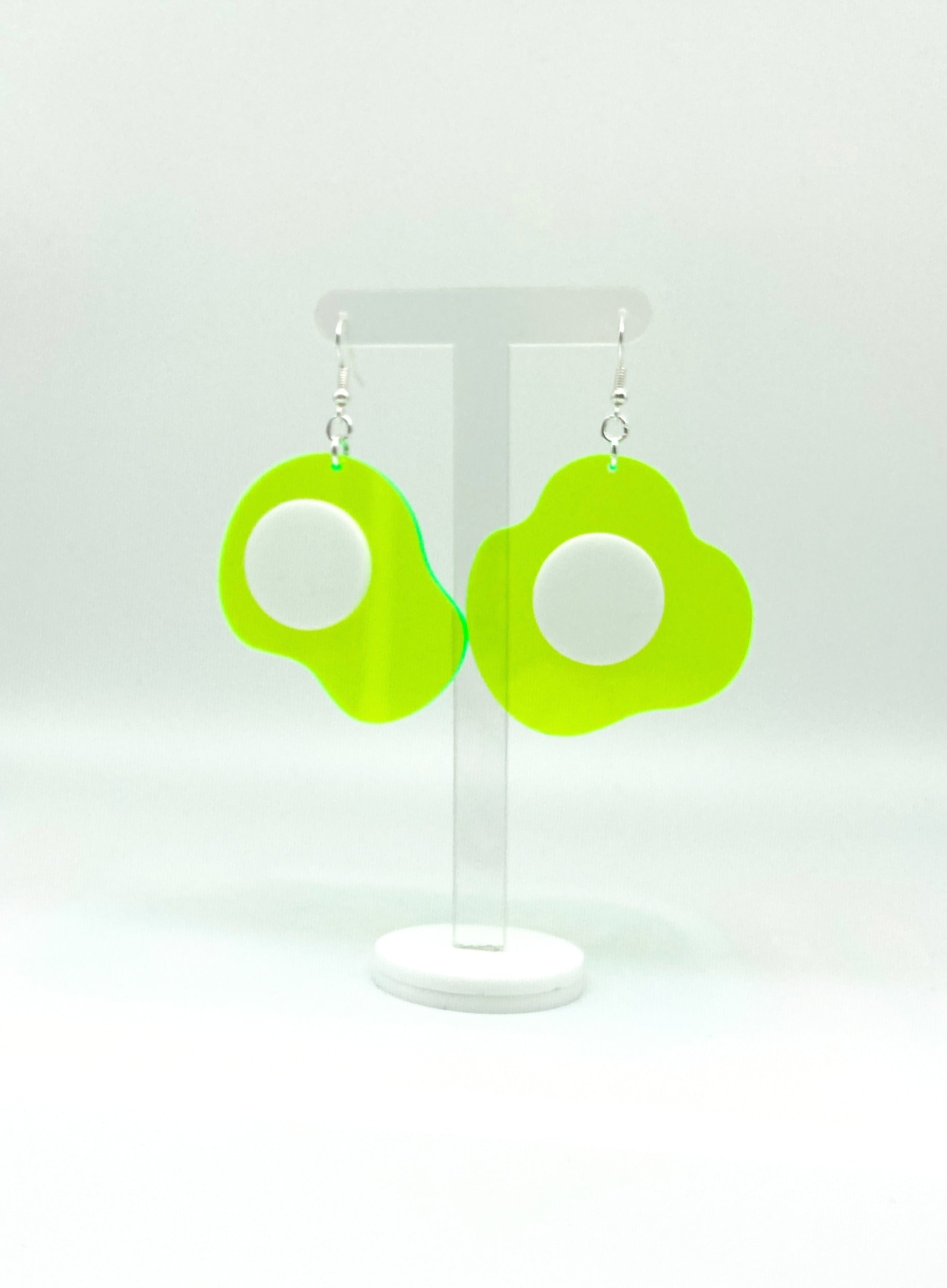 Neon Fluorescent Fried Egg Earrings - Big Green & White Eggs image 6