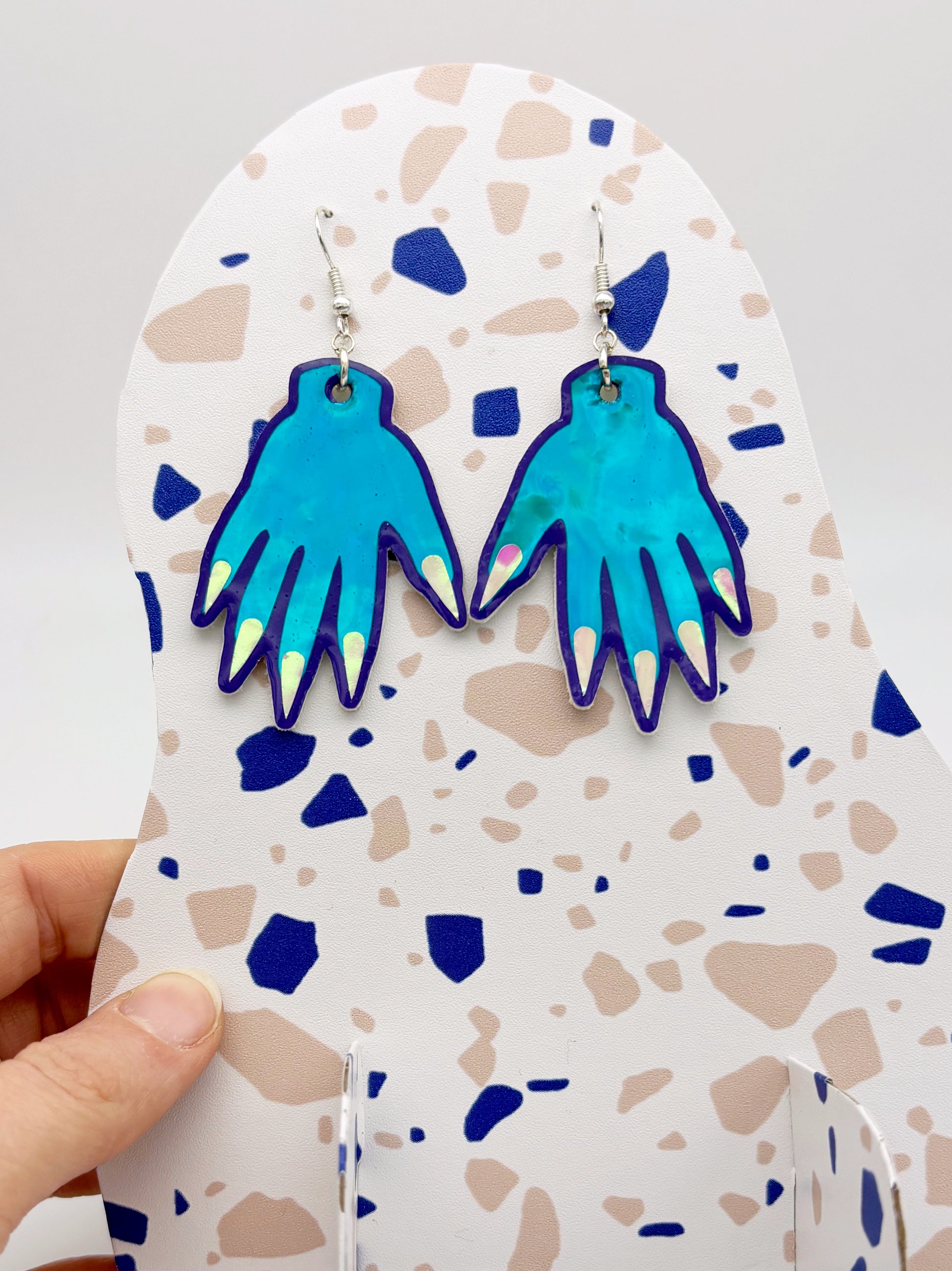Sparkly Hand Earrings - Ocean Teal Holographic image 0